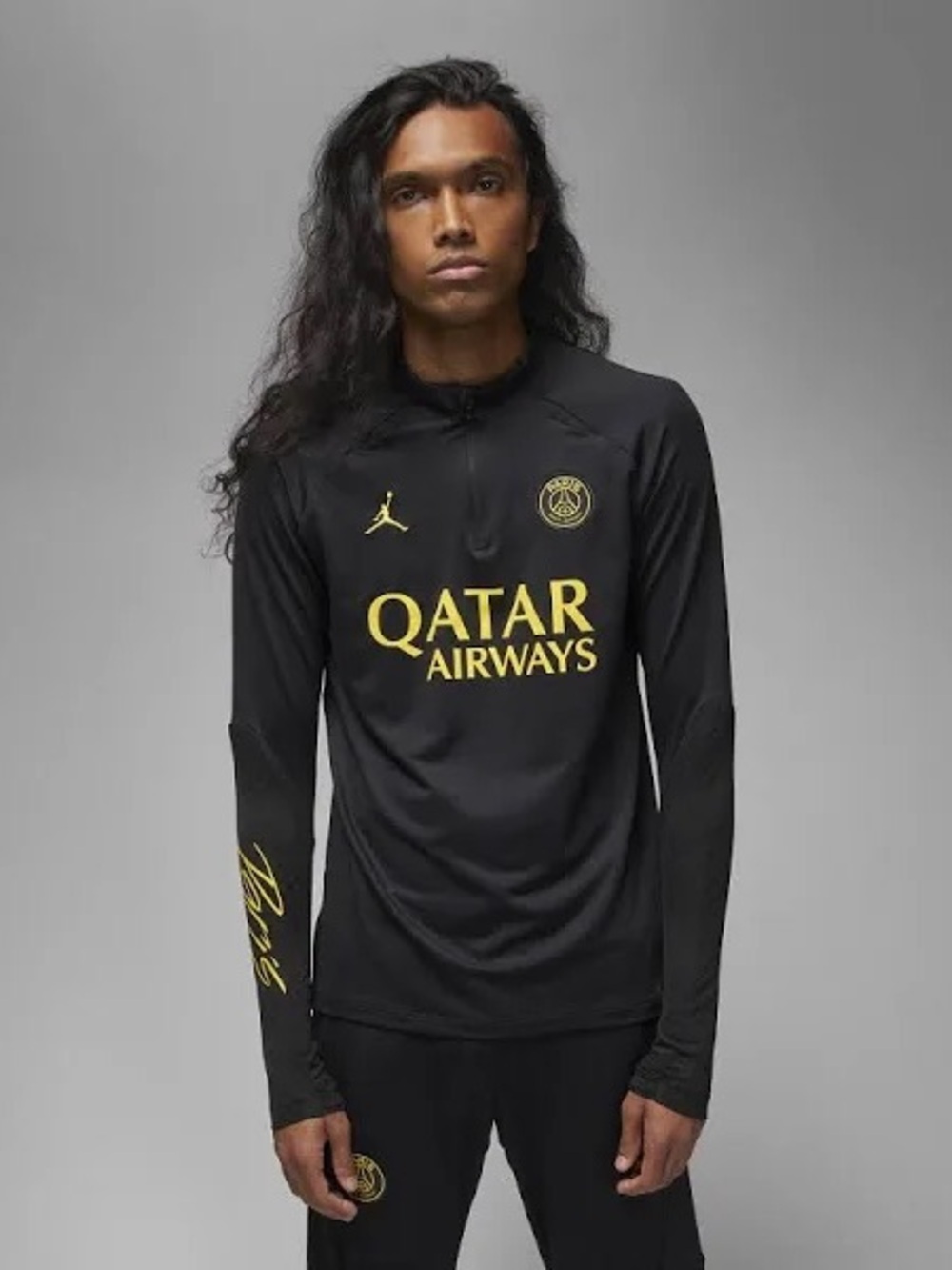 Nike Black Long Sleeve PSG Qatar Airways Training Top with Gold Accents